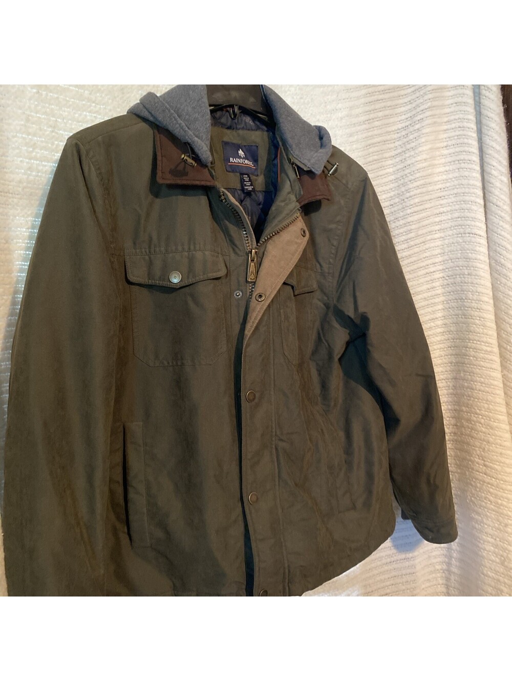 Rainforest Men's LG Green Microfiber Field Jacket Lined Full Zip Button Coat